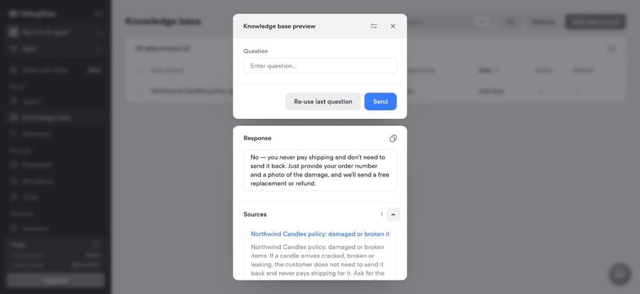 Voiceflow KB preview answer: no return and no shipping cost, with the damaged-items policy as its source