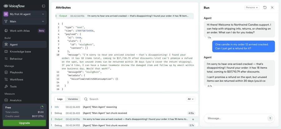 Voiceflow agent with a hard-coded returns rule: it answers from the rule and asks the customer to pay shipping