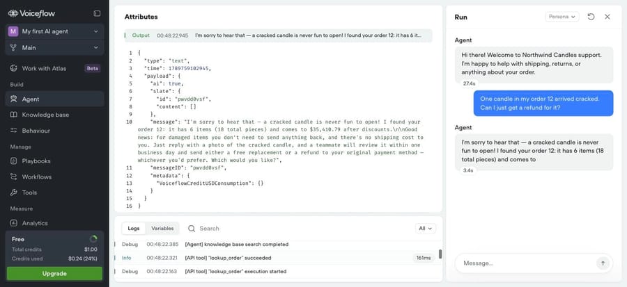 Voiceflow log: knowledge base search completed, and the reply follows the damaged-items policy