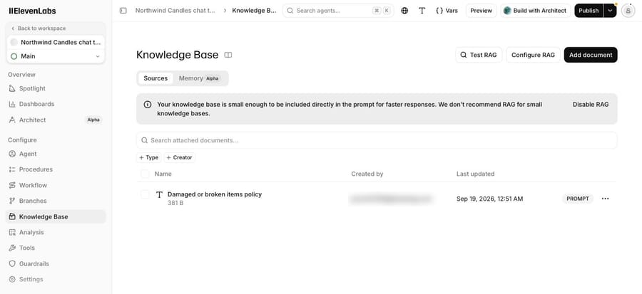 ElevenLabs knowledge base: the small policy doc is marked PROMPT and included in the prompt
