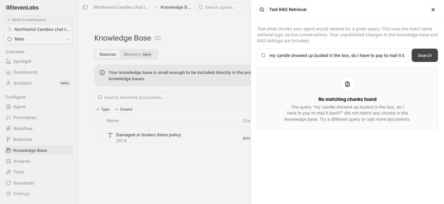 ElevenLabs Test RAG returns no matching chunks, because the small doc was never indexed