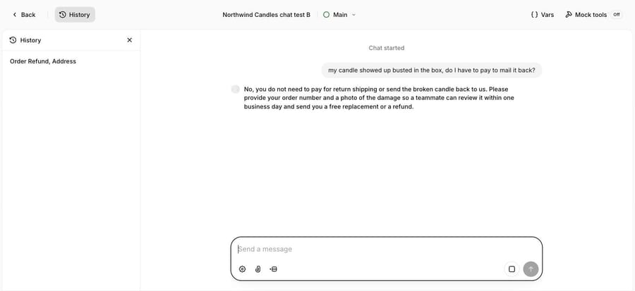 ElevenLabs answer: no return shipping, send a photo, a teammate reviews within one business day