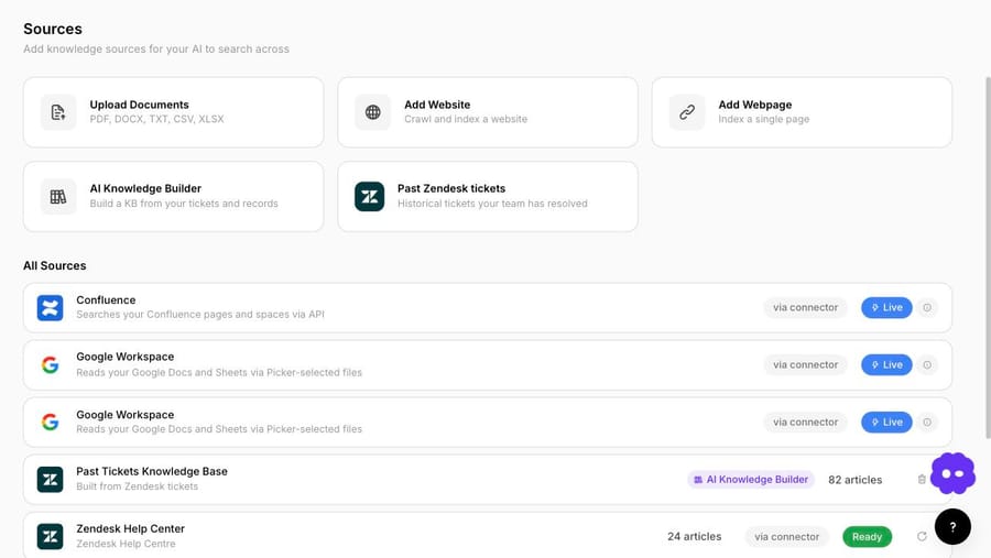 Our demo workspace's Sources: uploads, website crawl, AI Knowledge Builder, Confluence and Google Workspace live