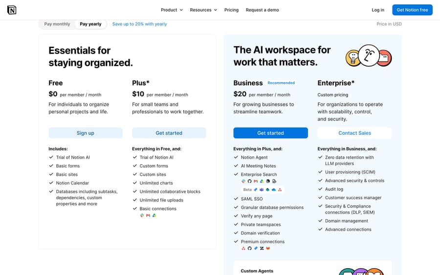 Notion pricing billed yearly: Free, Plus $10, Business $20 with Notion Agent and Enterprise Search