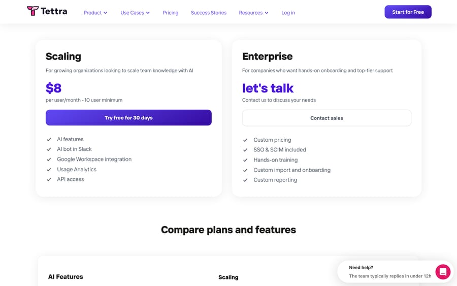 Tettra pricing: Scaling at $8 per user a month with a 10-user minimum, AI features included