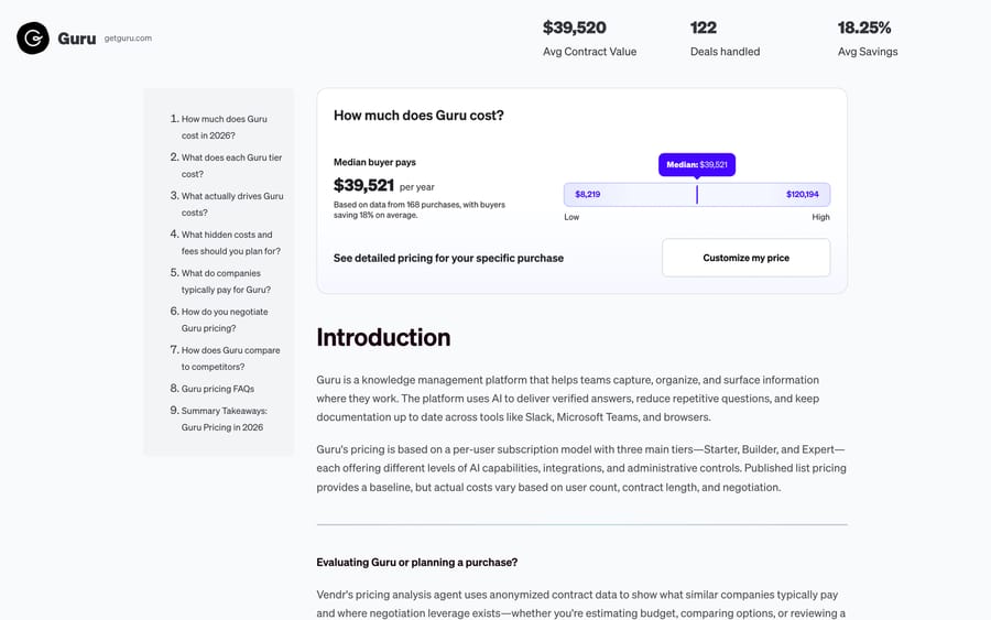 Vendr's Guru page: median $39,521 a year from 168 purchases, $8,219 to $120,194