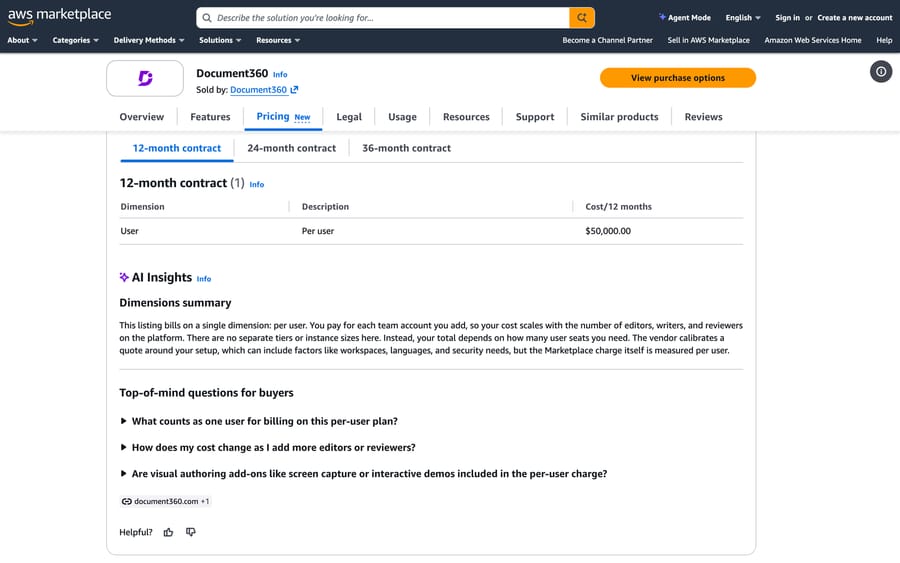 Document360 on AWS Marketplace: a single per-user contract dimension