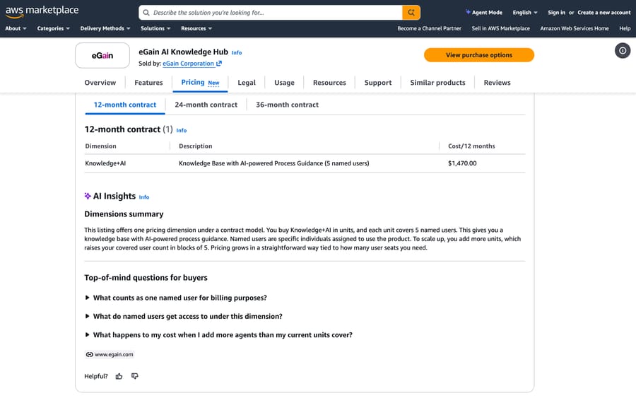 eGain AI Knowledge Hub on AWS: Knowledge+AI for 5 named users at $1,470 for 12 months