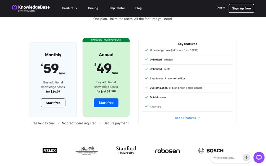 KnowledgeBase pricing: one plan at $59 monthly or $49 billed yearly, unlimited articles and seats