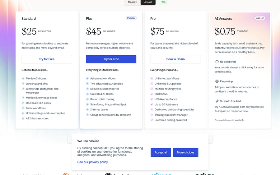 Help Scout pricing: Standard $25, Plus $45, Pro $75, and AI Answers at $0.75 per resolution