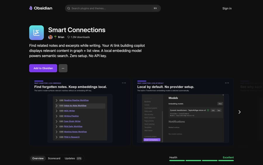 Smart Connections for Obsidian: semantic search with a local embedding model, 1.2M downloads