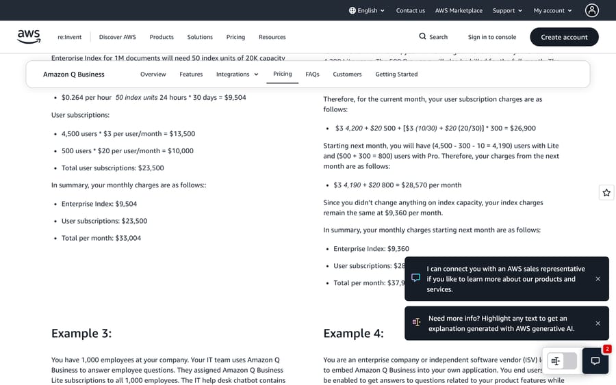 Amazon Q Business pricing examples: Lite at $3 and Pro at $20 per user a month, plus index units