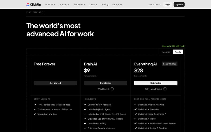 ClickUp AI pricing: Brain AI at $9 and Everything AI at $28 per user a month