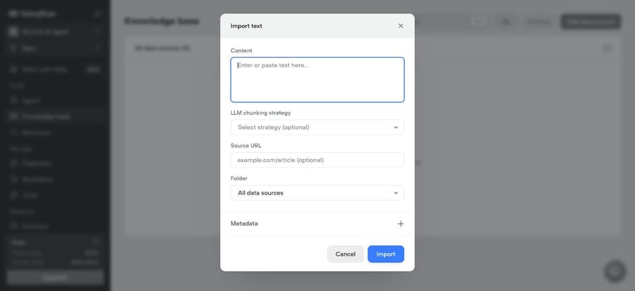 Voiceflow import dialog: paste text, pick an optional LLM chunking strategy, add a source URL