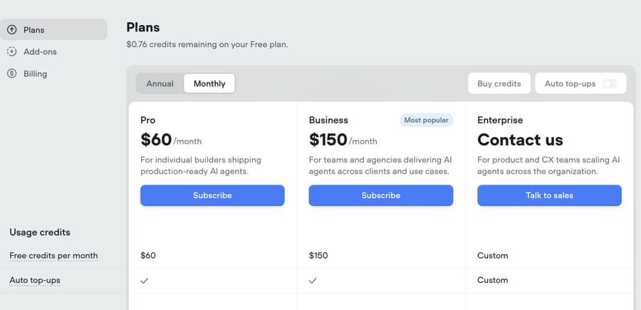 Voiceflow's in-app plans: Pro $60 and Business $150 a month, each including that much usage credit