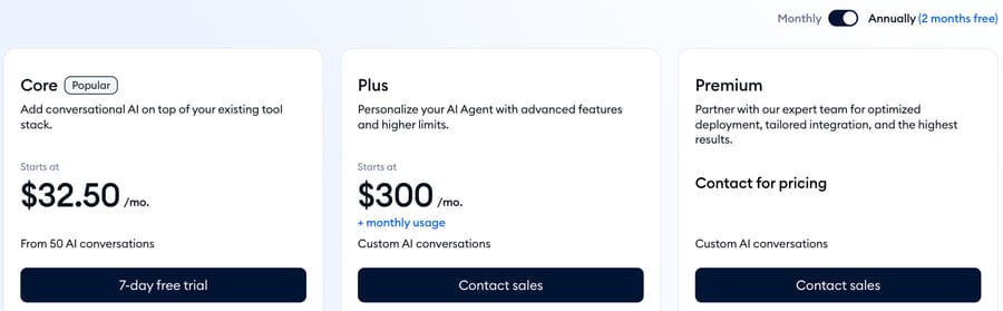 Tidio Lyro plans: Core from $32.50 a month for 50 AI conversations, Plus $300 plus usage, Premium by quote
