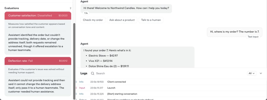 Voiceflow evaluations: customer satisfaction Dissatisfied ($0.0023) and deflection Fail ($0.0012) on our chat