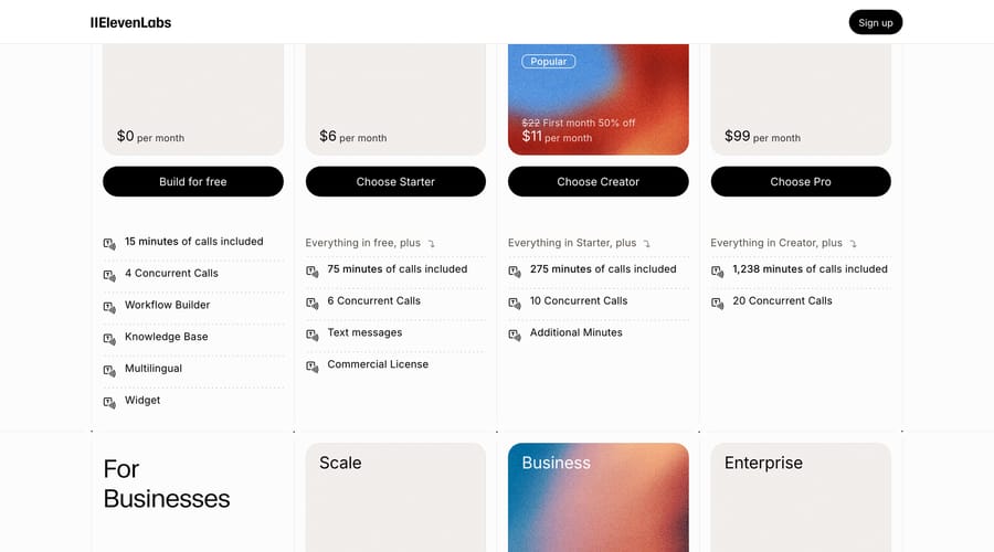 ElevenLabs Agents plans: Pro at $99 a month with 1,238 minutes of calls included