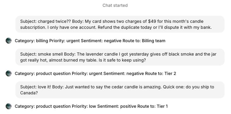 ElevenLabs triage test: three tickets and the category, priority, sentiment and route it gave each