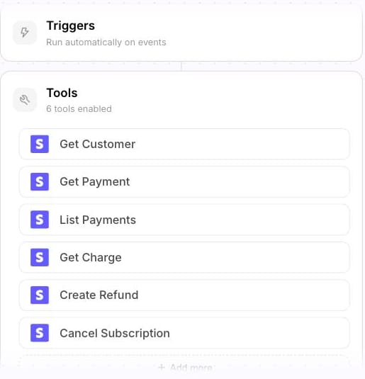 Our demo workspace's Ticket Triage Agent tools: Get Customer, Get Payment, List Payments, Create Refund