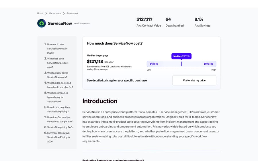 Vendr's ServiceNow page: median $127,118 a year, from $42,842 to $695,435