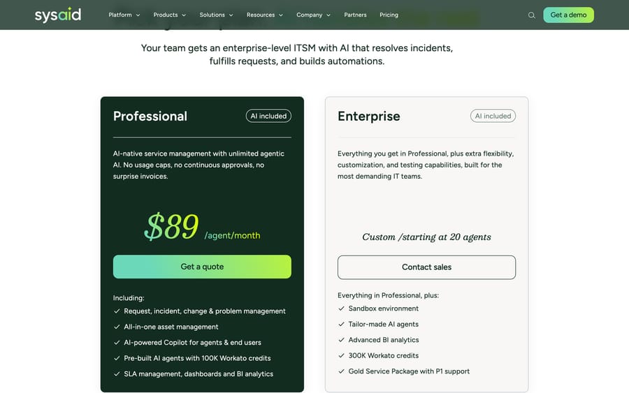 SysAid pricing: Professional at $89 per agent a month with AI included; Enterprise from 20 agents