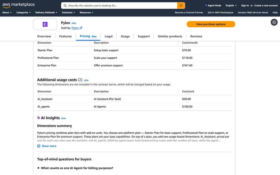 Pylon on AWS Marketplace: seats $70 to $167 a month, plus AI Assistant $50 and AI Agents $100