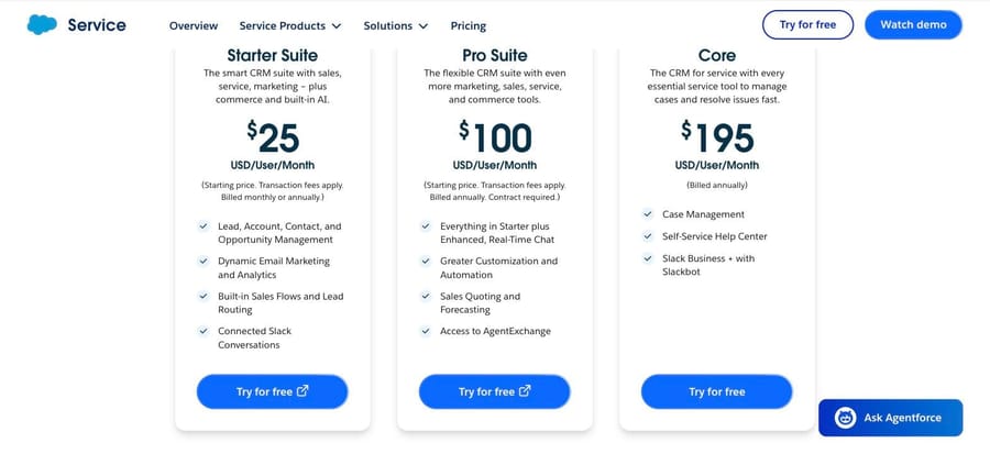Salesforce Service Cloud pricing: Starter Suite $25, Pro Suite $100, Core $195 per user a month