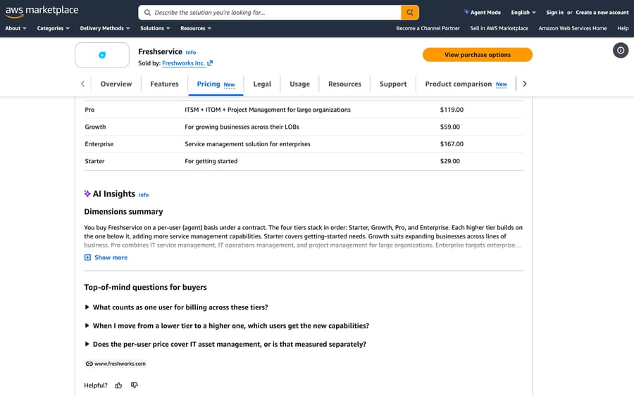 Freshservice on AWS Marketplace: Starter $29, Growth $59, Pro $119, Enterprise $167 a month