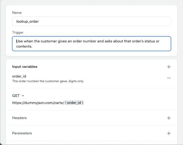 Voiceflow's API tool form: name, trigger sentence, order_id input and the GET request URL