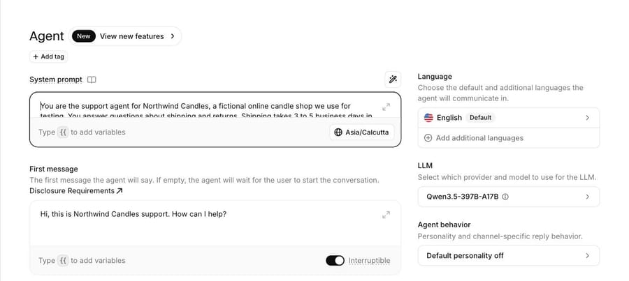 ElevenLabs builder: the Northwind Candles prompt, first message and the Qwen3.5-397B-A17B model