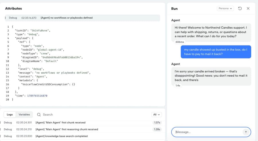 Voiceflow run: the 'busted' question, a no-return reply, and knowledge base search completed in the log