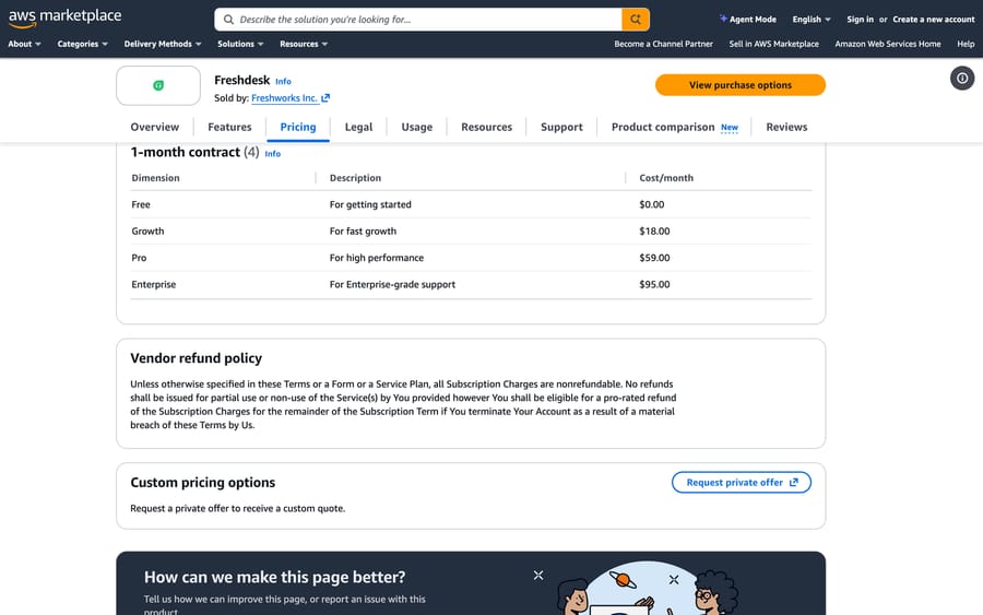 Freshdesk on AWS Marketplace: Growth $18, Pro $59, Enterprise $95 per agent a month, 1-month contract
