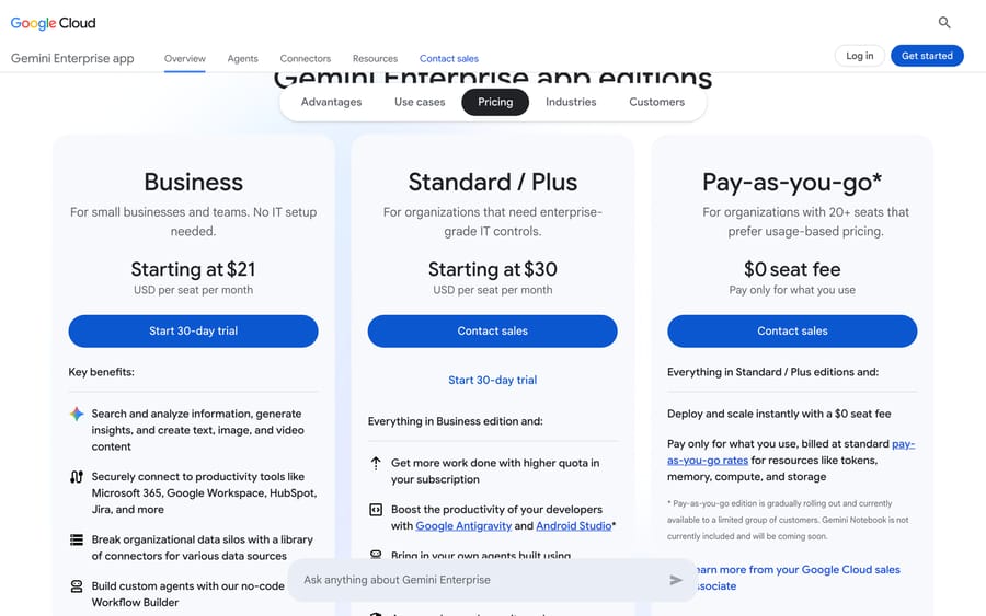 Gemini Enterprise editions: Business from $21, Standard / Plus from $30 per seat a month