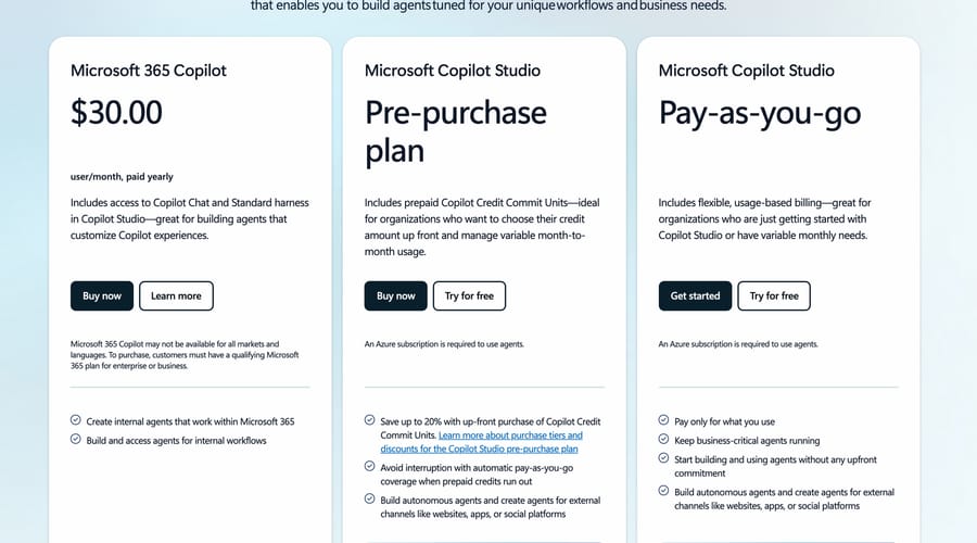 Copilot Studio pricing cards, Sep 19, 2026: $30 Microsoft 365 Copilot seat, pre-purchase plan, pay-as-you-go