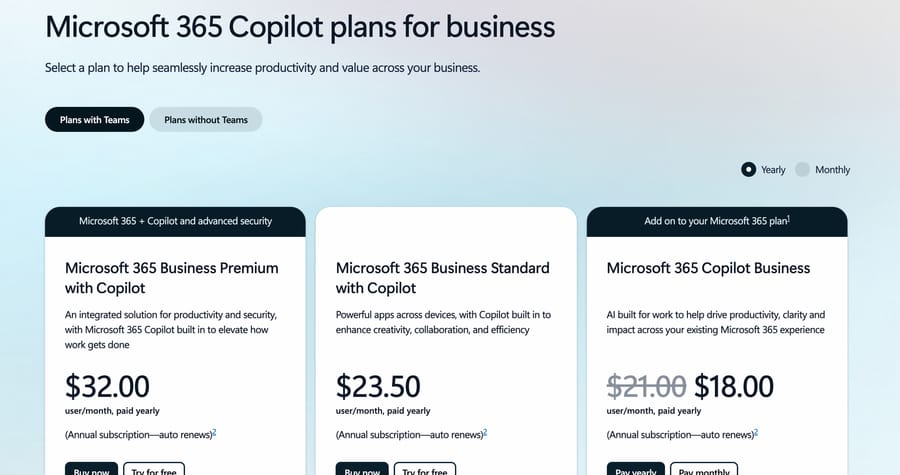 Microsoft 365 Copilot business plans, Sep 19, 2026: $32, $23.50, and Copilot Business at $18 (promo, from $21)