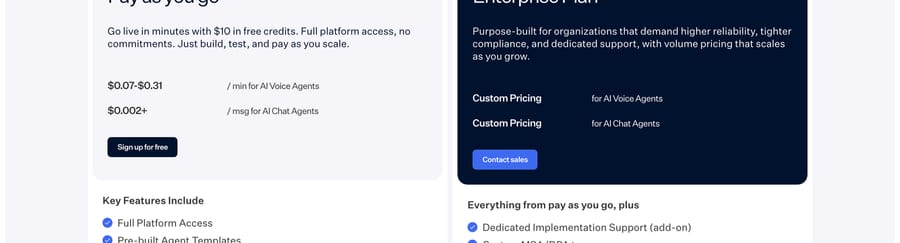 Retell pricing (Sept 19, 2026): $0.07–$0.31 per voice minute, $0.002+ per chat message