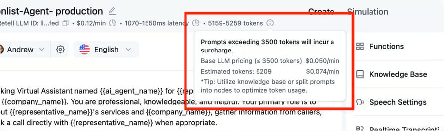 Retell docs screenshot: long-prompt surcharge raises the LLM line from $0.050 to $0.074/min