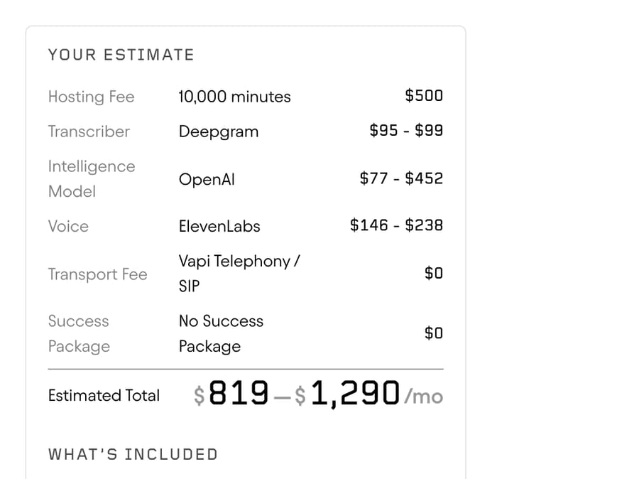 Vapi calculator at 10,000 minutes (Sept 19, 2026): $819–$1,290 a month