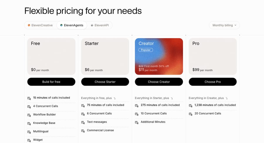 ElevenLabs Agents plans (Sept 19, 2026): Pro $99 includes 1,238 call minutes