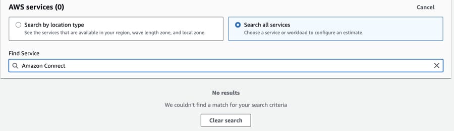 AWS Pricing Calculator search for "Amazon Connect" returning no results, Sep 19, 2026