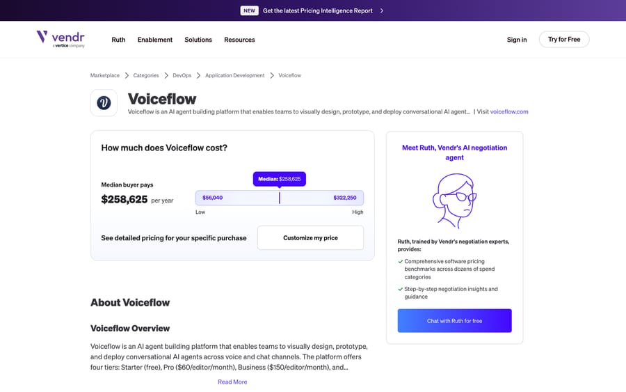 Vendr's Voiceflow page: median buyer pays $258,625 a year, range $56,040 to $322,250