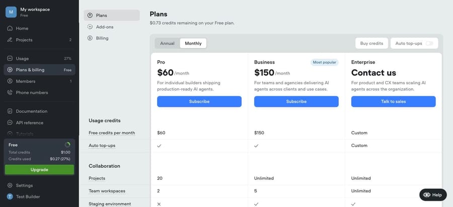 Voiceflow in-app plans, Sep 19 2026: Pro $60 and Business $150 a month, each with that much usage credit