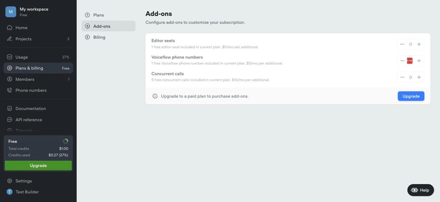 Voiceflow Add-ons tab: extra phone numbers $5/mo and concurrent calls $10/mo each