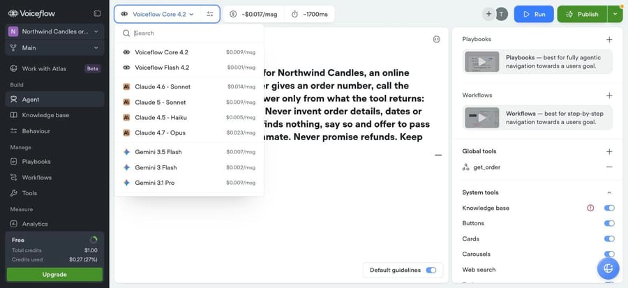 Voiceflow model picker with per-message estimates, from $0.001 for Flash 4.2 to $0.023 for Opus 4.7