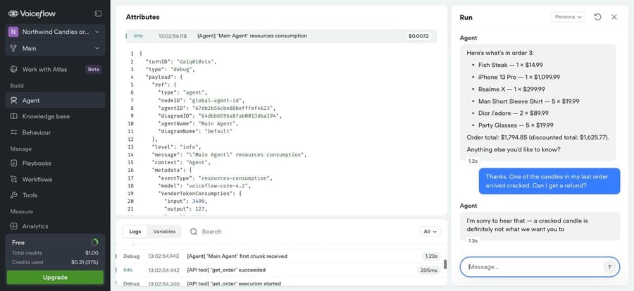 Voiceflow run log: get_order succeeded in 205 ms and the turn billed $0.0072 on Core 4.2