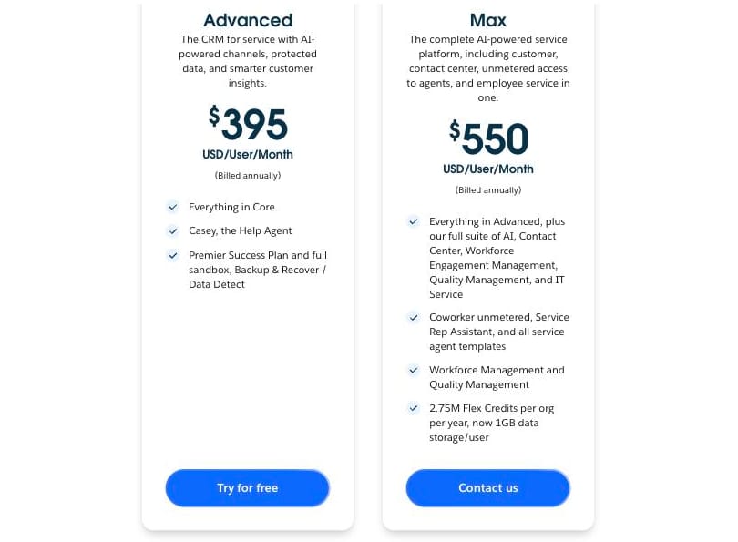 Service Cloud price list on 19 Sep 2026: Advanced $395 with Casey the Help Agent, Max $550 with 2.75M Flex Credits
