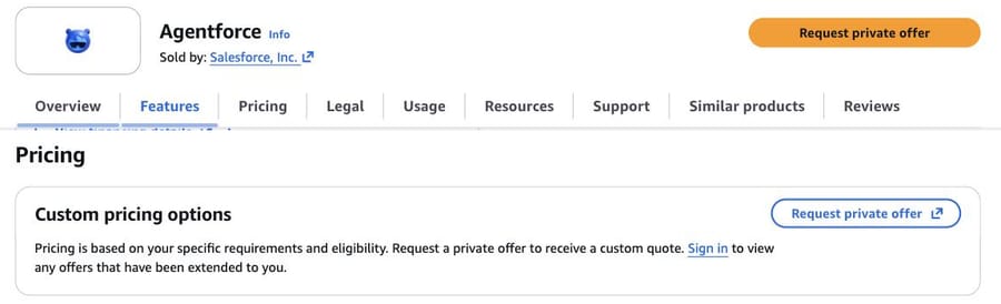 AWS Marketplace Agentforce listing sold by Salesforce, 19 Sep 2026: custom pricing, request private offer