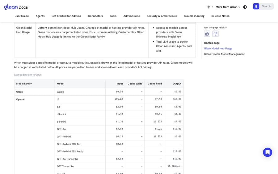 Glean Core Suite docs, Sep 2026: Model Hub usage at provider API rates; Waldo $0.50 input, $2.50 output