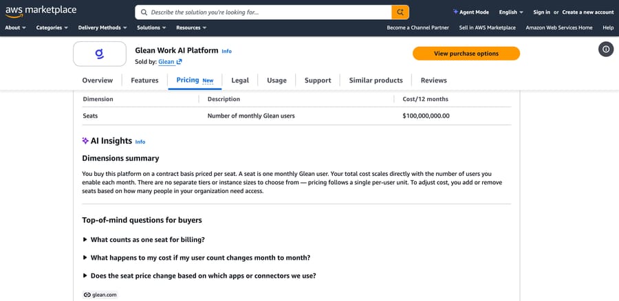 AWS Marketplace, Sep 19, 2026: Glean Work AI Platform, one seat dimension at a $100,000,000 placeholder